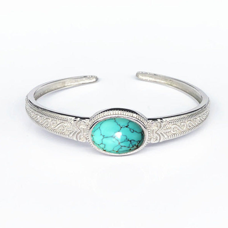 925 Silver Plated Men's And Women's Bracelets Retro Pattern Inlaid Turquoise Bracelet