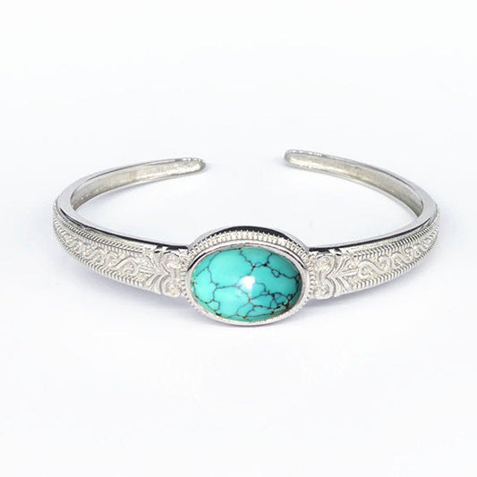 925 Silver Plated Men's And Women's Bracelets Retro Pattern Inlaid Turquoise Bracelet