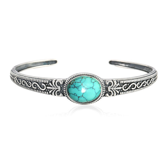 925 Silver Plated Men's And Women's Bracelets Retro Pattern Inlaid Turquoise Bracelet